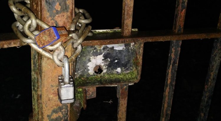 A padlock and chain on a rusted gate